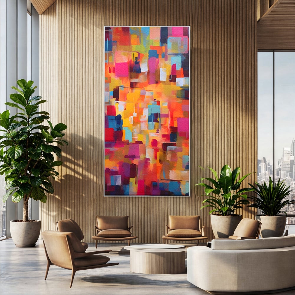 Tablou canvas cu pictura abstracta cu blocuri de culoare, in rama de aluminiu argintiu, pe perete intr-un birou